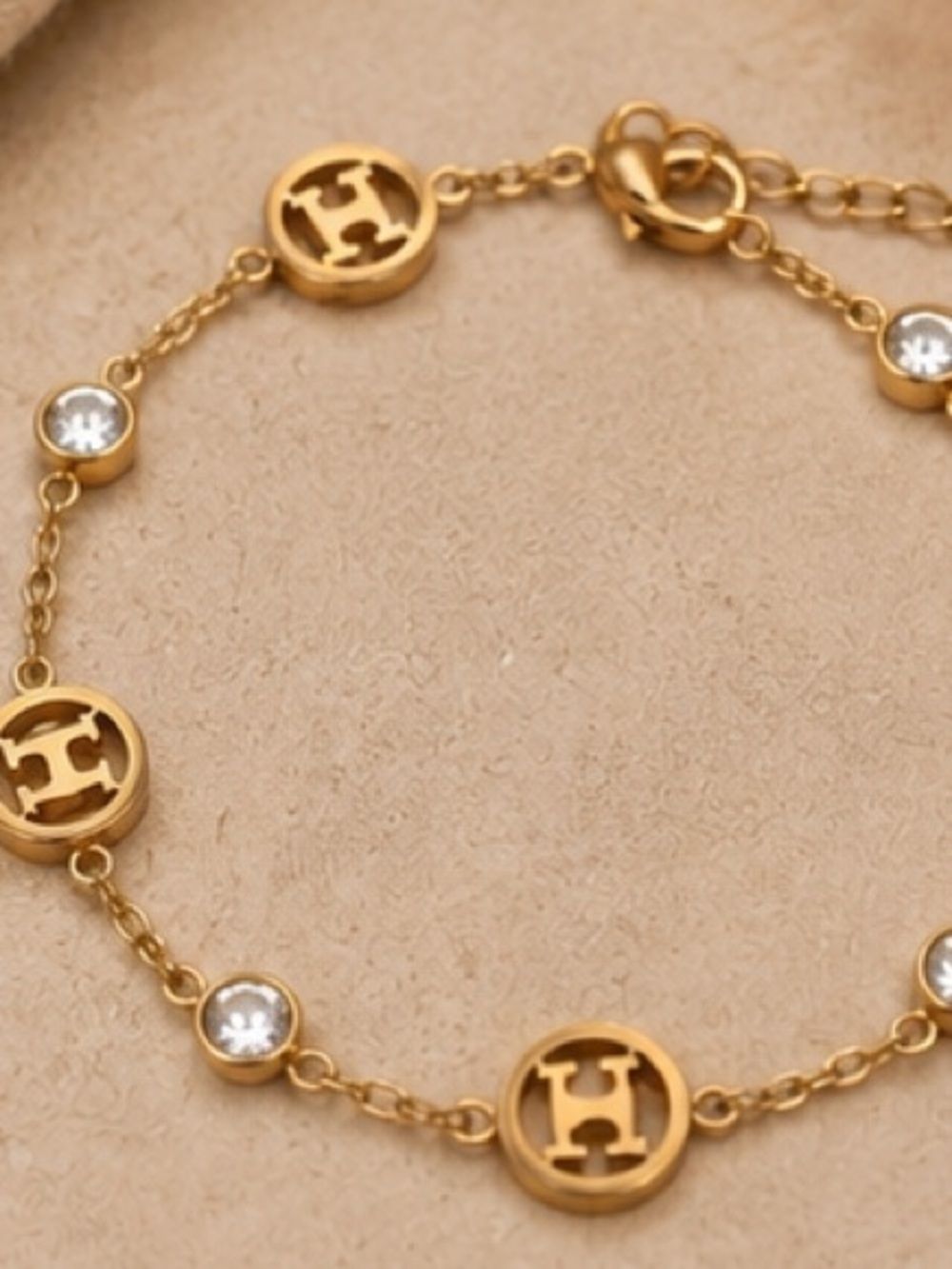 Gold Logo Charm Crystal Bracelet – Designer Inspired